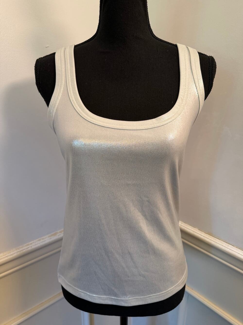 Boston Proper So Essential Foil Metallic Ribbed Scoop Neck Tank Top - Silver